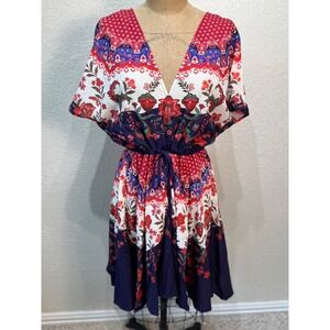 Umgee Floral Print Dress Red Purple White V-Neck Bohemian Flowy‎ Medium NWT